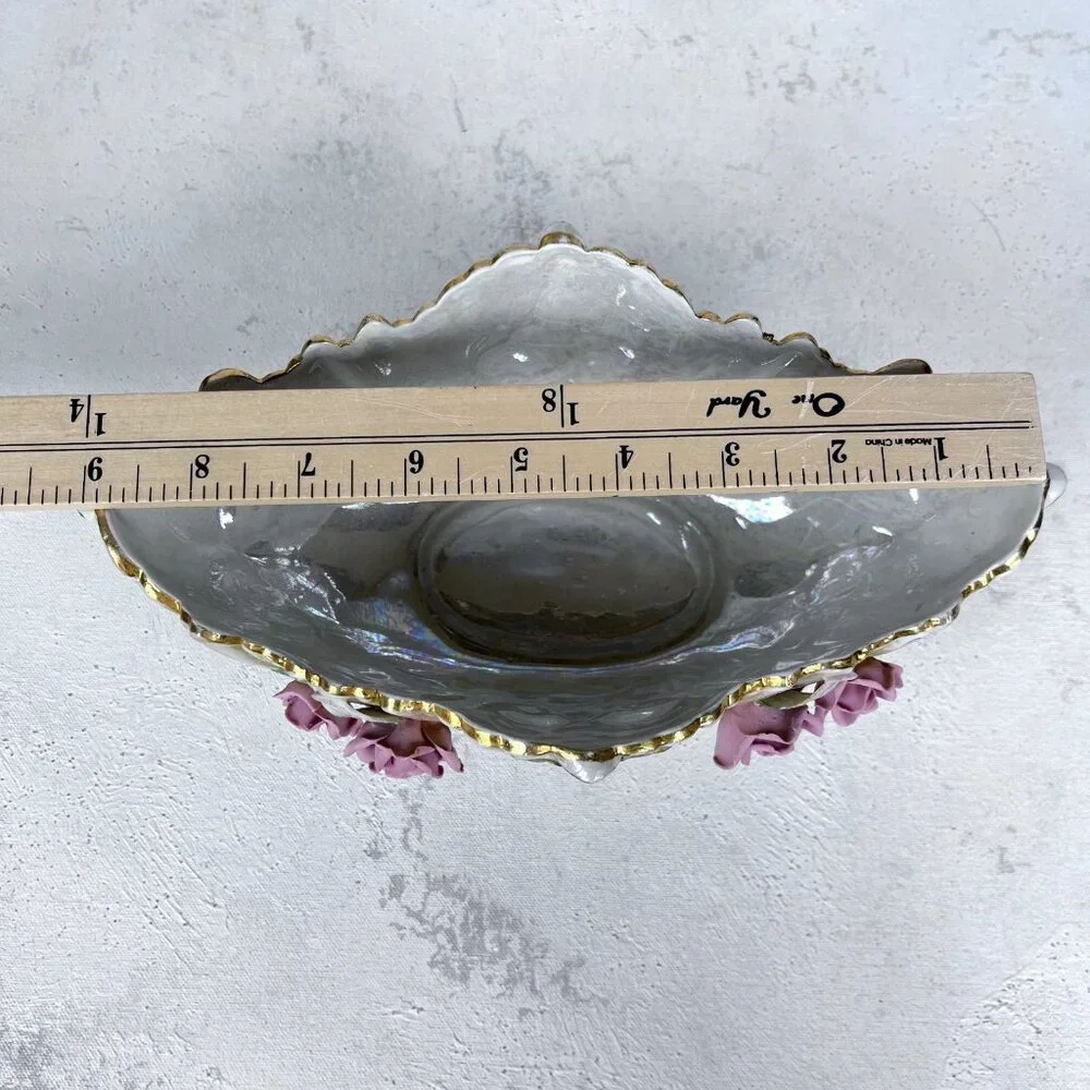 Lefton China Oval‎ Bowl Candy Dish Footed Pearlized 773M Flowers Japan Handpaint